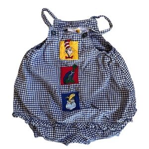 Vtg Dr. Seuss Cat in the Hat Gingham Romper 24M Blue Check Bubble Bodysuit